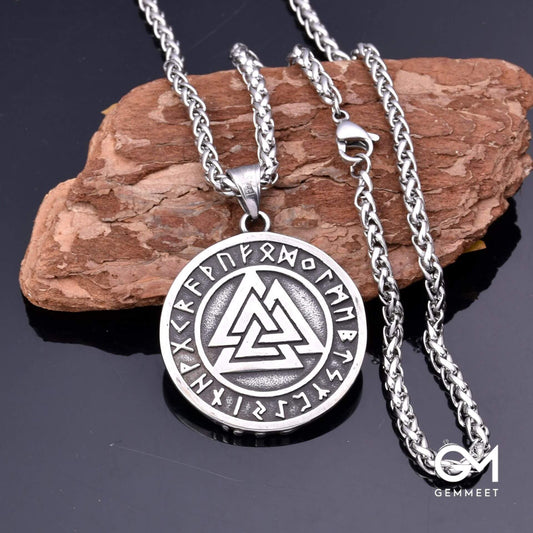 Stainless Steel Viking Odin Triangle Rune Round Necklace