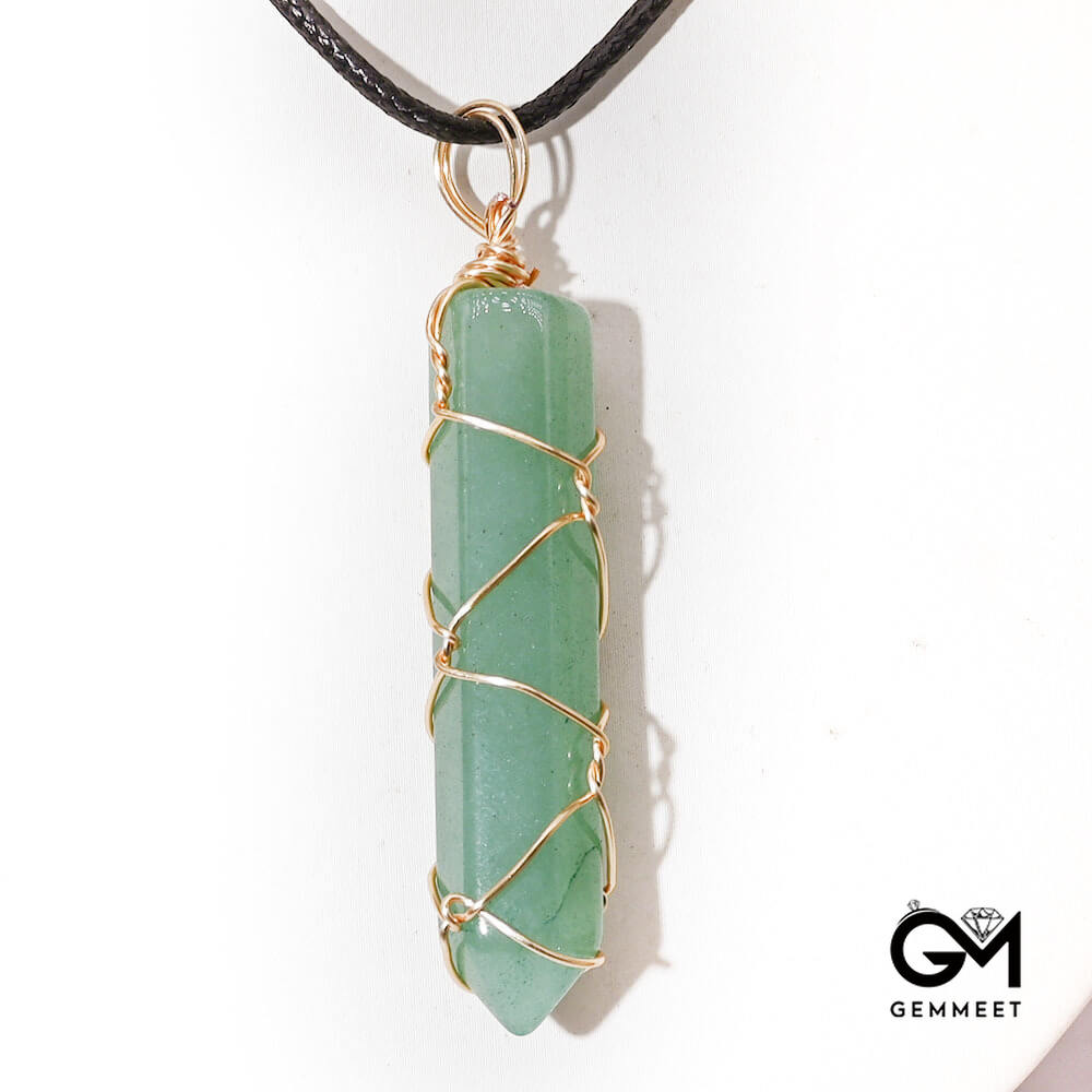 Green Aventurine Hexagon Column Wrapped Pendant Necklace