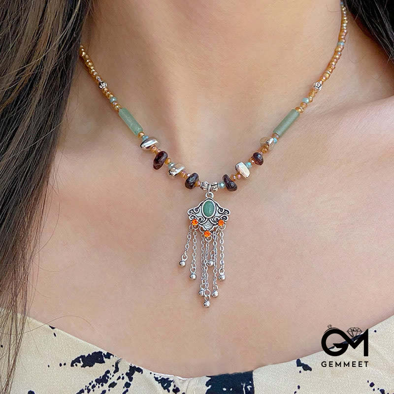 Tibetan Crystal Stone Copper Luck Tassel Necklace Pendant