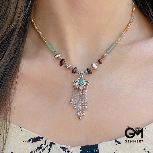 Tibetan Crystal Stone Copper Luck Tassel Necklace Pendant