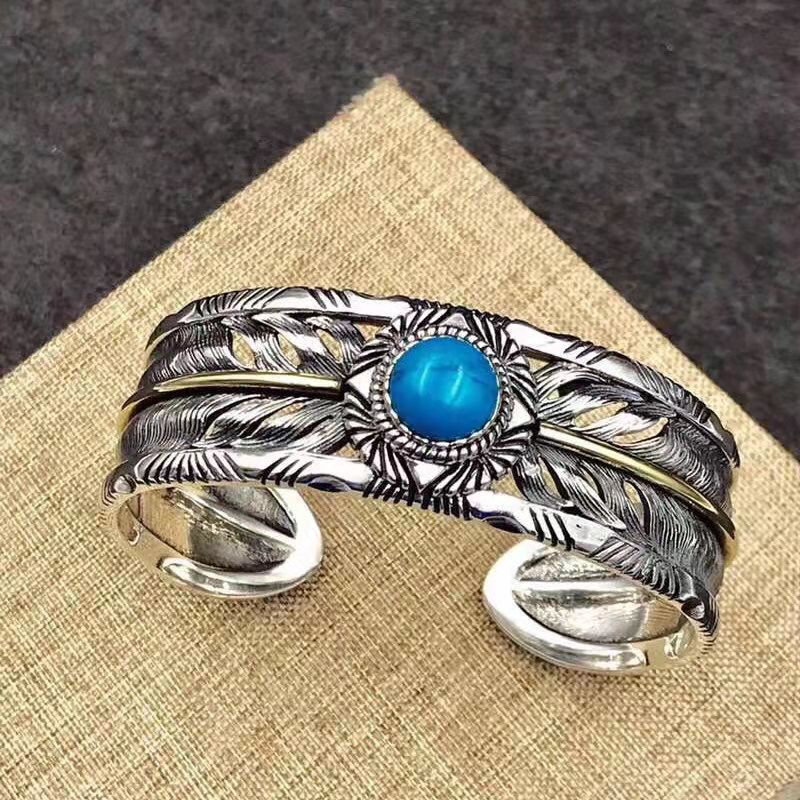 Men's Vintage Feathered Turquoise Open Bracelet