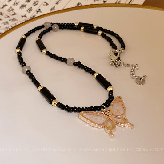 Butterfly Crystal Rice Bead Necklace