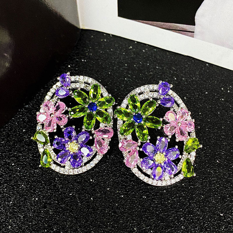 Purple Blossom Floral Earrings Blooming Colorful Zircon Stud Earrings