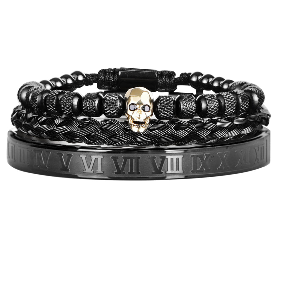 3pcs/Set Skull Stainless Steel Oil Dropped Roman Numeral Bracelet Set