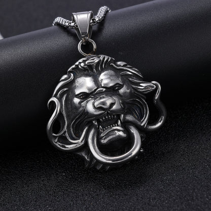 Stainless Steel Ring Large Lion Head Pendant Necklace