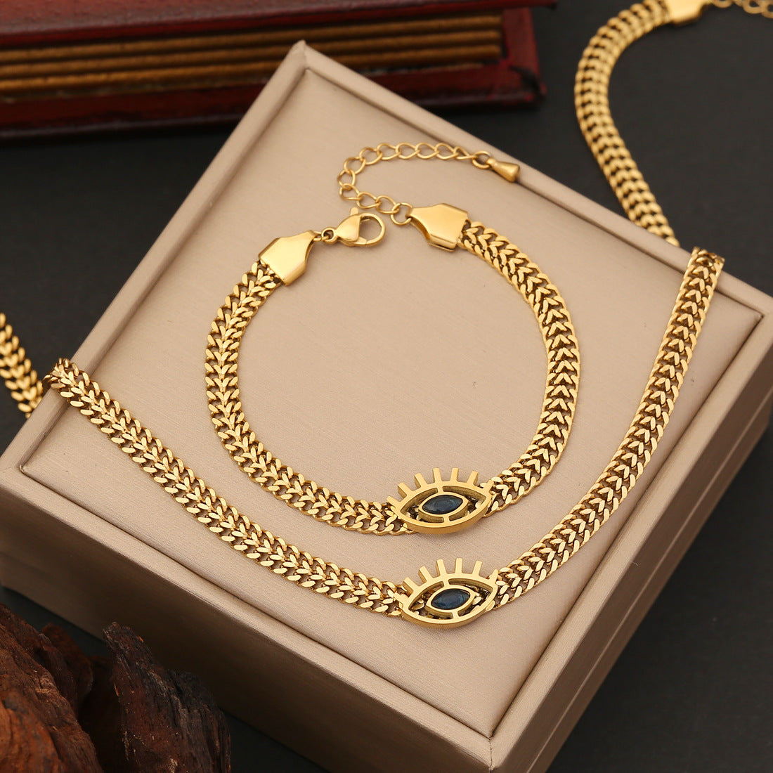 Golden Evil Eye Pendant Cuban Link Bracelet Necklace & Earrings