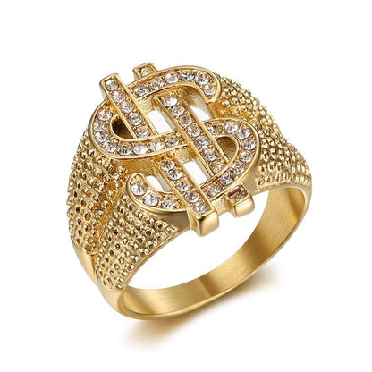 HIPHOP Vacuum Plating Inlaid Zircon Dollar Sign Men's Ring