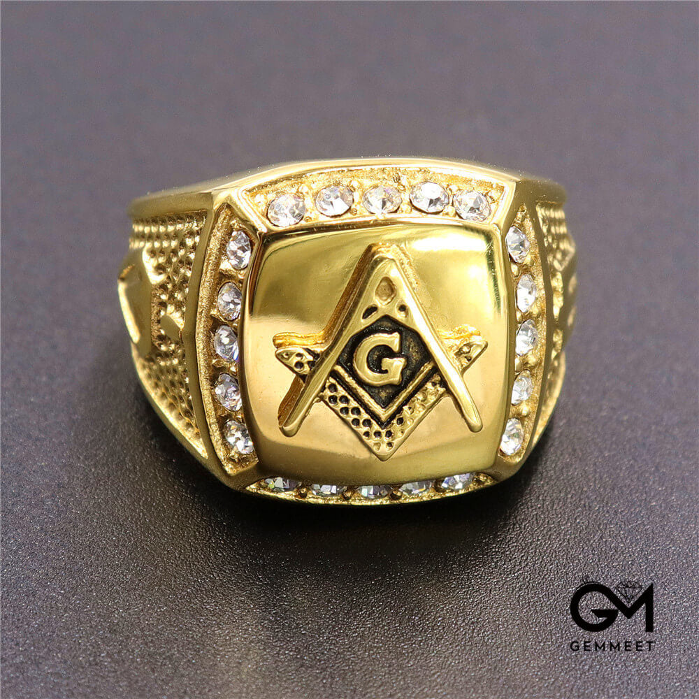 Gold Stainless Steel Crushed Zircon AG Masonic Ring