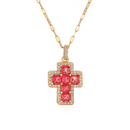 Cute Color Stones Halo Cross Pendant Necklace