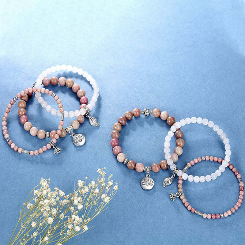 Rhodochrosite Lotus Symbol 3 - Piece Bracelet