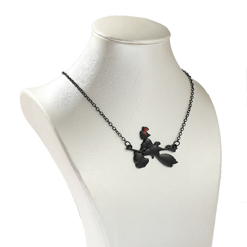 Cute Black Cat Hanging Witch Broom Necklace