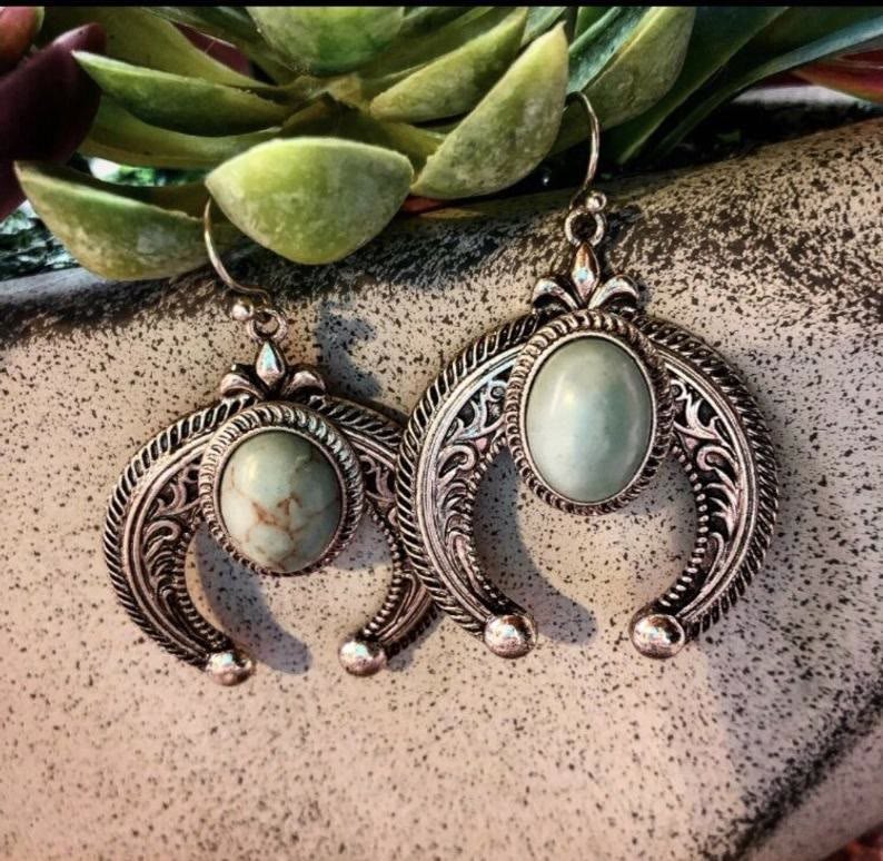 Carved Crescent Turquoise Earrings