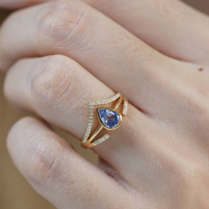 Pear Shape Blue Sapphire French Vintage Blue V-Shaped Multi-Layered Adjustable Ring