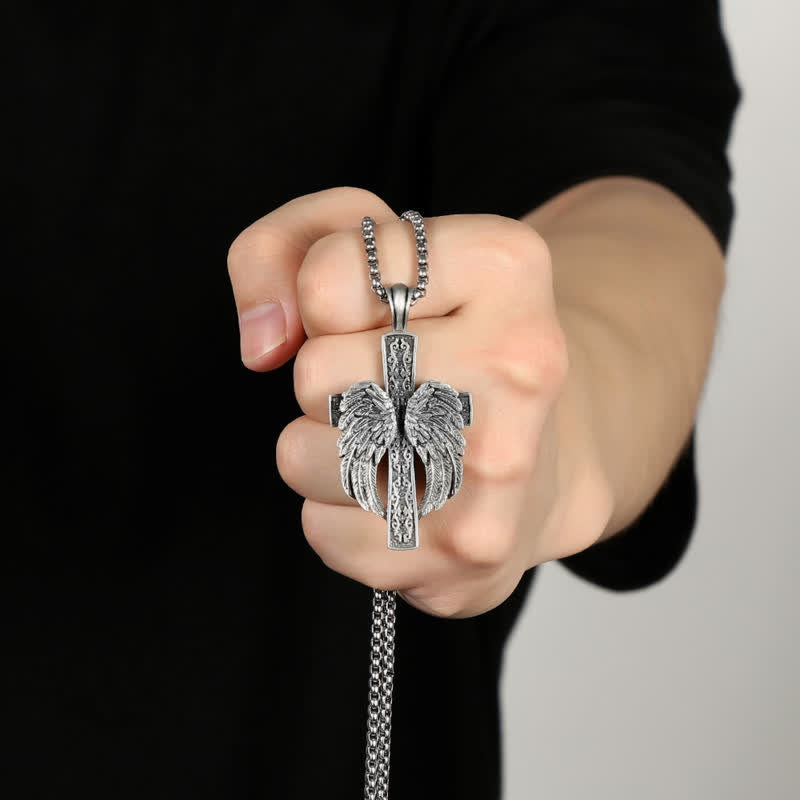 Men's Retro Cross Angel Wings Necklace