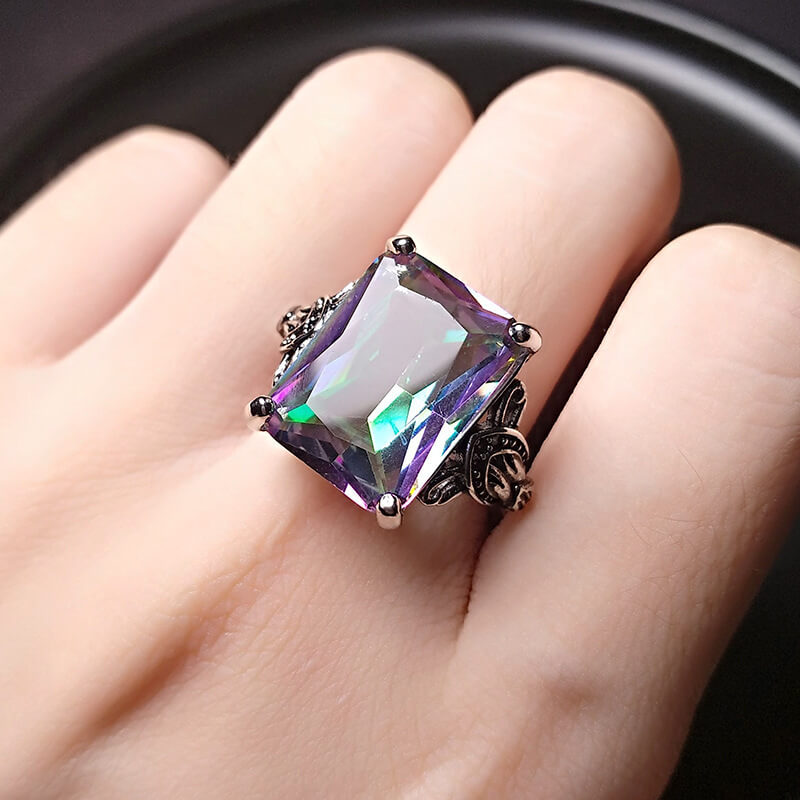 Seven-color Topaz Square Diamond Creative Personality Inlaid Rainbow Gemstone Ring