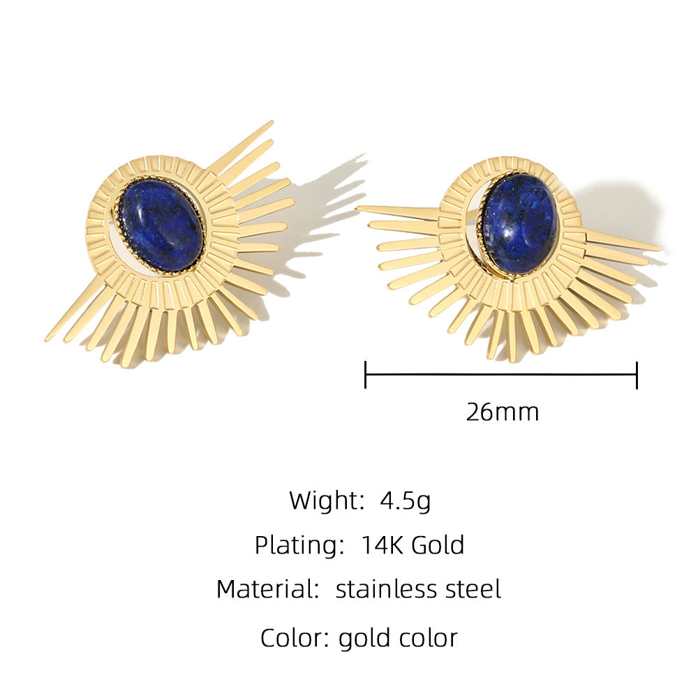 Retro Oval Cut Stone Sun Shape Stud Earrings