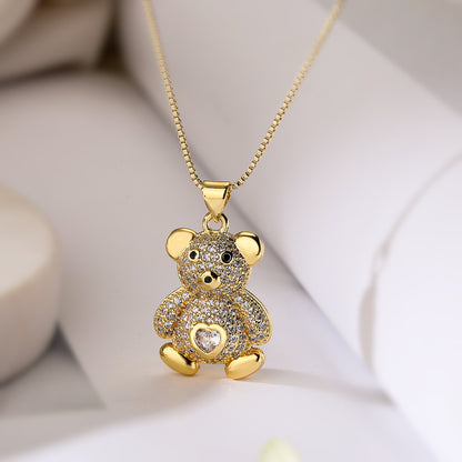 Cute Full Stones Teddy Bear Pendant Necklace