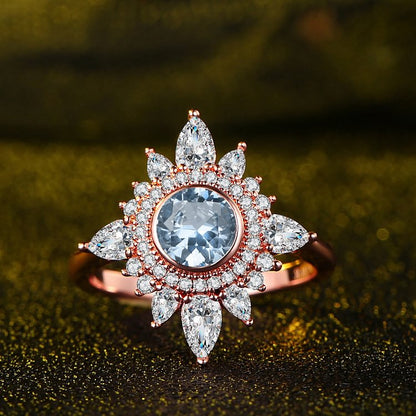 Aquamarine White Zircon Sunflower Design Ring