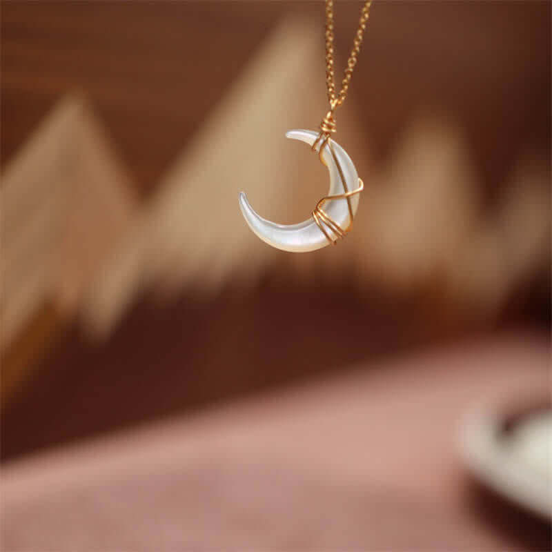 Natural Tridacna Stone Crescent Moon Blessing Necklace Pendant