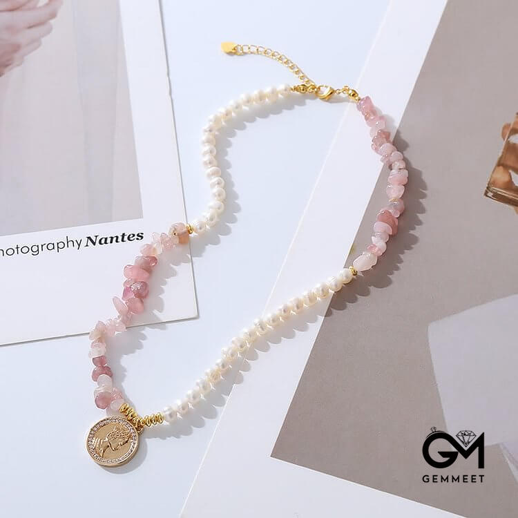 Irregular Strawberry Quartz Pearl Metal Sheet Pendant Necklace