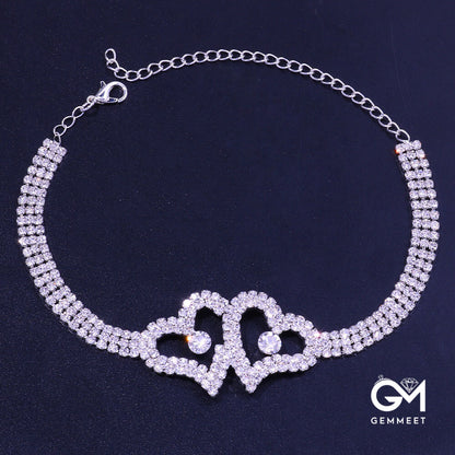 Lucky Embrace Double Heart Zircon Anklet