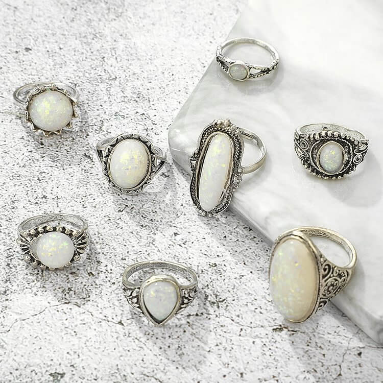 Round Oval Opal 8-Piece Ring Set