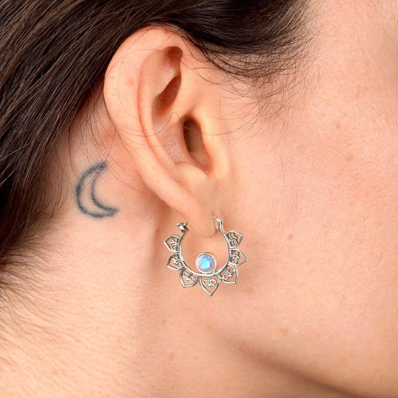 Presale: Boho Hollow Flower Moonstone Hoop Earrings