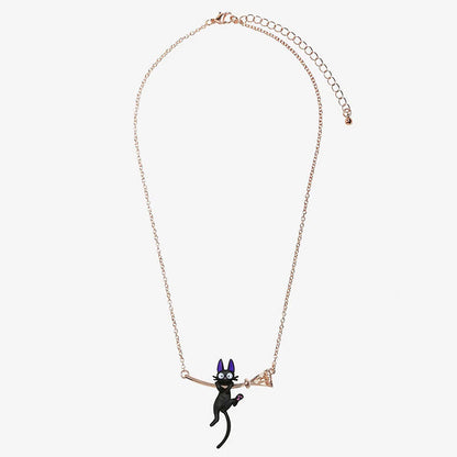 Cute Black Cat Hanging Witch Broom Necklace