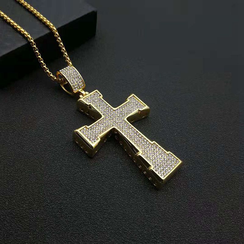 Hip Hop Cross Rectangular Gold Plated Full Zirconia Pendant