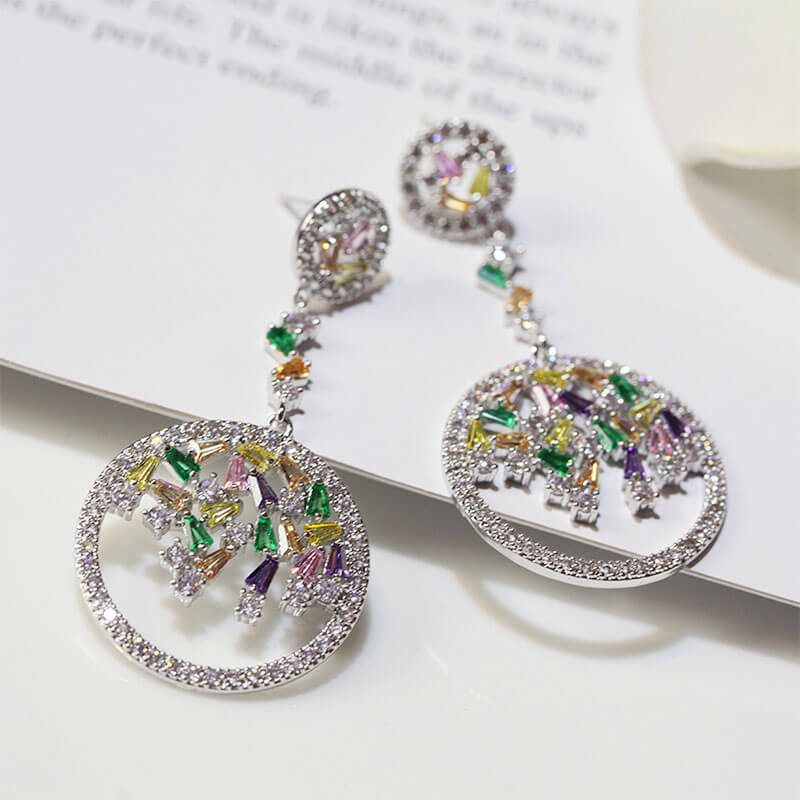 Colorful Zircon Circle Sweet Fashion Stud Earrings Wedding Dress Long Earrings for Women