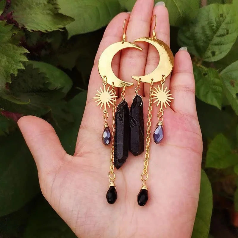 Bohemia Obsidian Sun And Cresent Moon Earrings