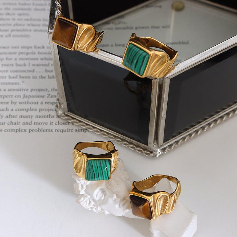 Square Malachite Tiger Eye Gold Silver Titanium Ring