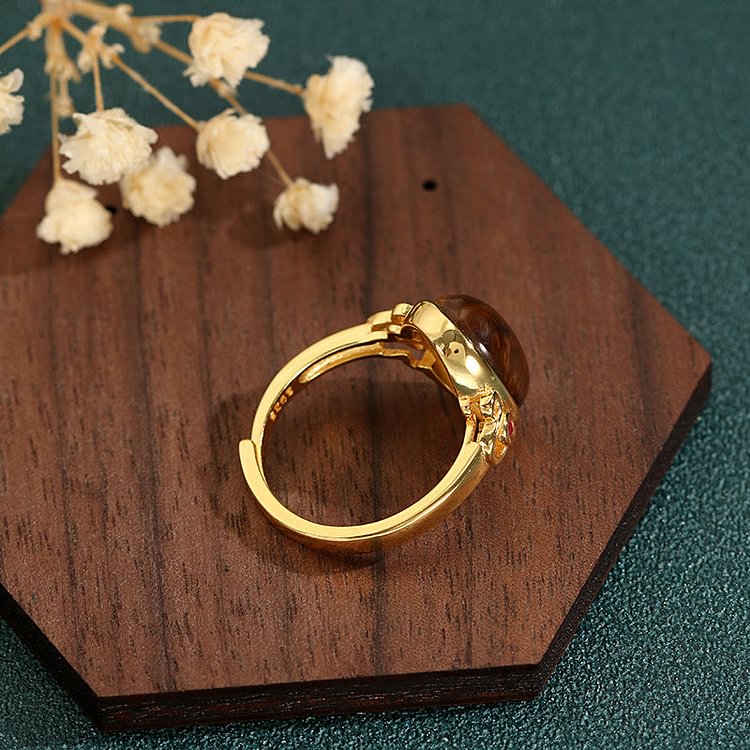 Oval Tiger Eye Rose Zirconia Gold Adjustable Ring