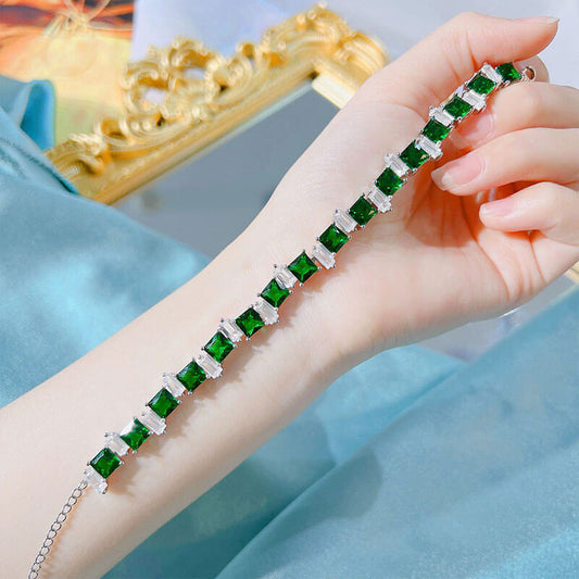 New Light Luxury Imitation Emerald Bracelet Brilliant Colorful Gemstone Princess Solitaire Adjustable Green Diamond Bracelet