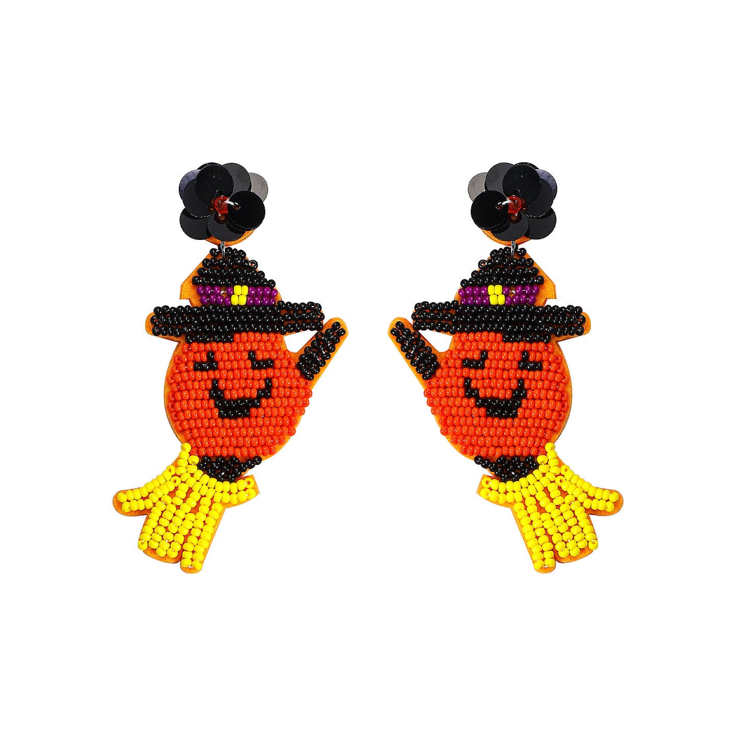 Halloween Funny Pumpkin Witch Earrings Riding A Broom