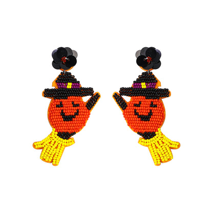 Halloween Funny Pumpkin Witch Earrings Riding A Broom