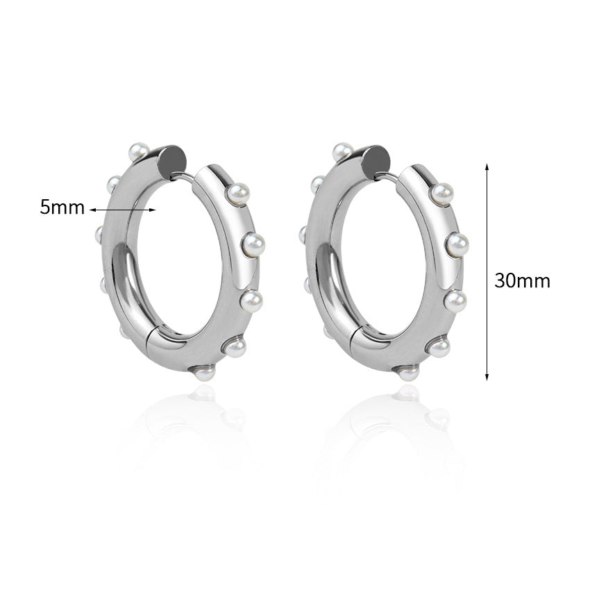 Huggie Steel Pearl Chunky Hoop Earrings