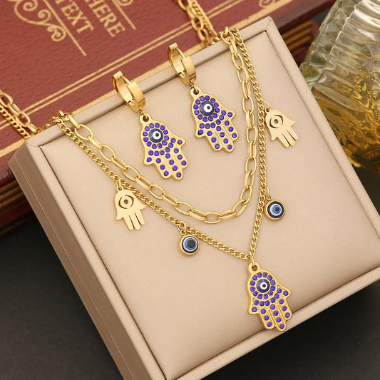 Evil Eye Hamsa Epoxy Necklace Bracelet Earrings Set