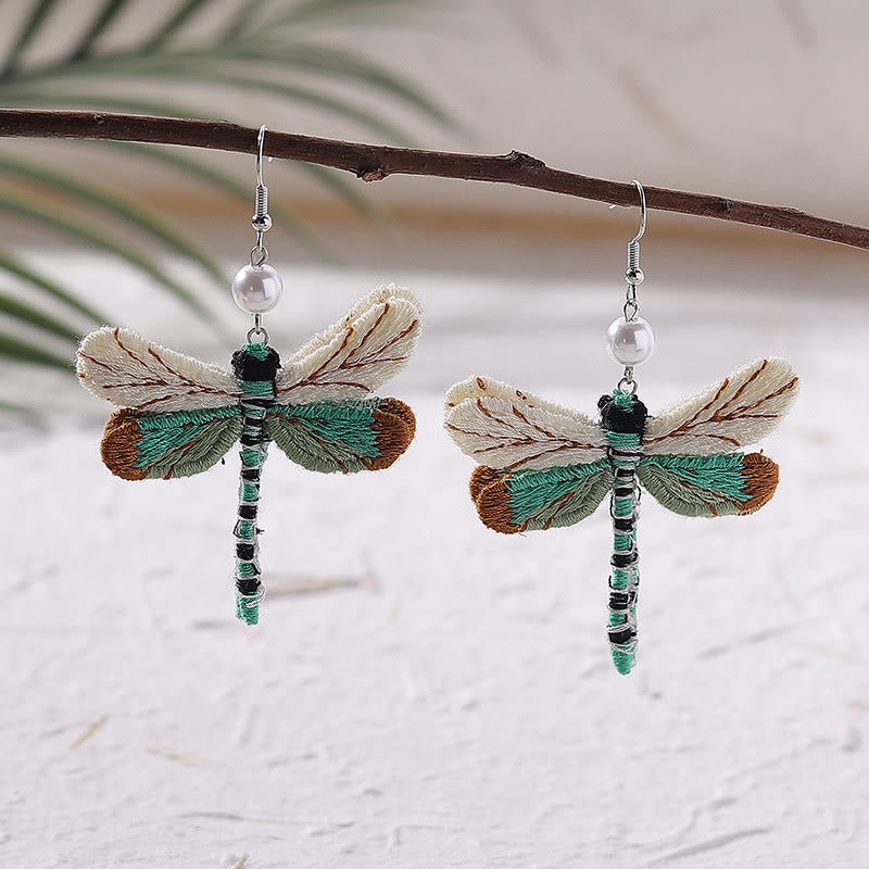 Vintage Dragonfly Fabric Pearl Earrings