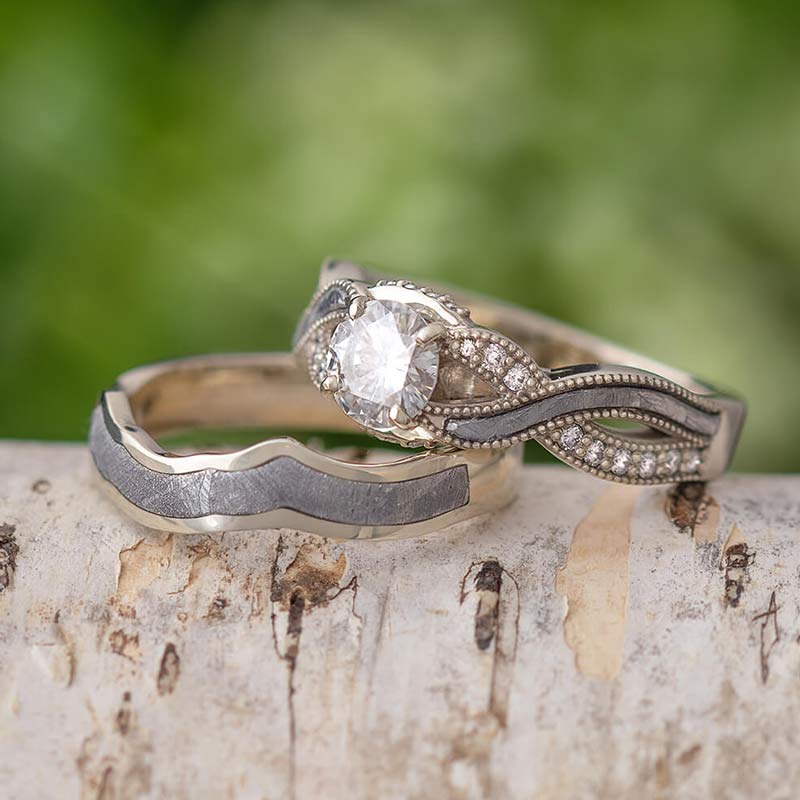 Twist Meteorite Bridal Ring Set