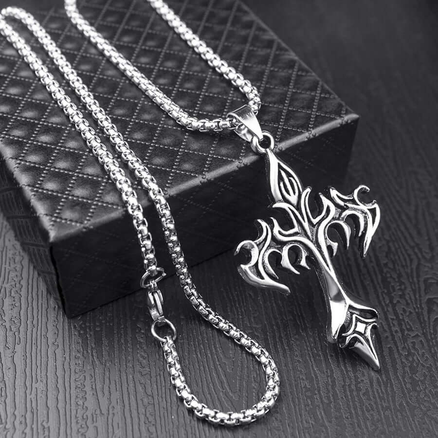 Men's Vintage Flame Cross Necklace