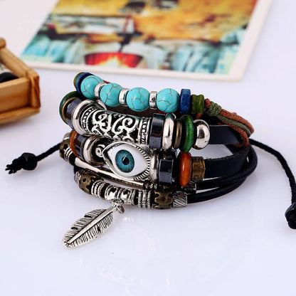 Beaded Multilayer Blue Eye Leather Ethnic Feather Bracelet