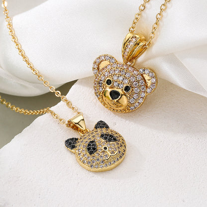 Cute Full Stones Panda & Bear Head Pendant Necklace