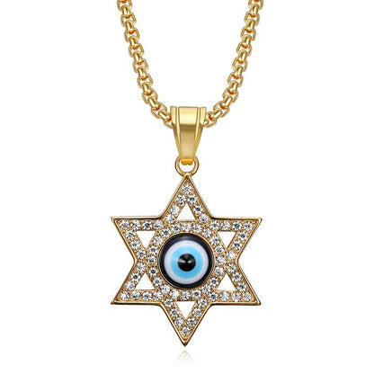 Hip Hop Gold Plated Zirconia Blue Eye Hexagram Pendant