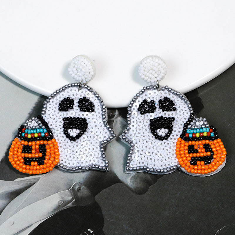 Halloween Cute Spooky Pumpkin Head Hand-Sewn Rice Bead Earrings