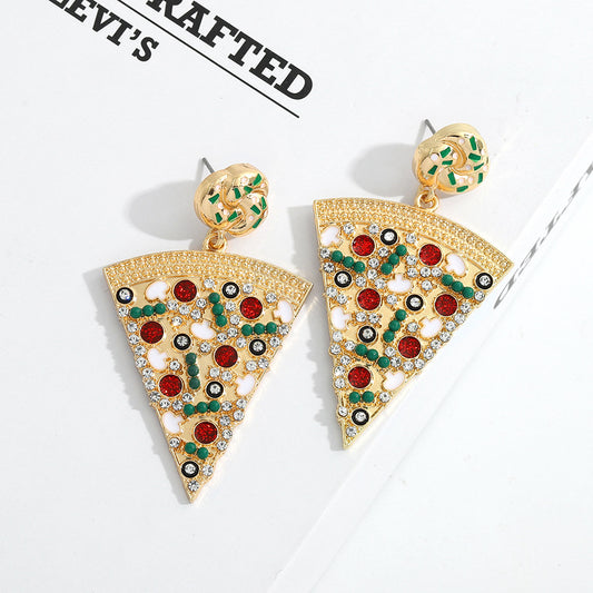 Exquisite Pizza Earrings Set with Zircon and Oil-dropped Mushroom Earrings