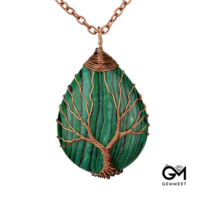 Wrap Silk Tree of Life Malachite Water Drop Necklace