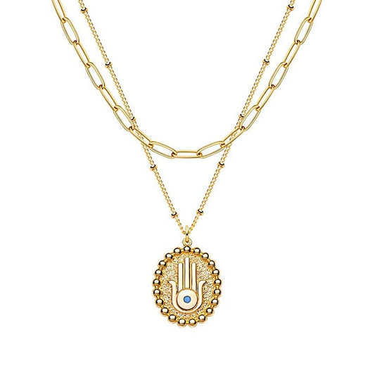 Evil Eye Hamsa Gold Color Layered Chain Necklace