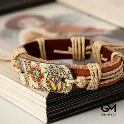 Hemp Rope Braided Cowhide Vintage Style Heat Transfer Peace Logo Leather Bracelet