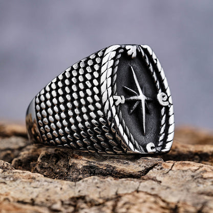 Titanium Steel Men's Compass Totem Ring